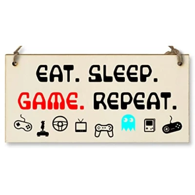 Image of The Plum Penguin Handmade Wooden Hanging Wall Plaque Eat Sleep Game Repeat Fun Novelty Gamer Gift Computer Fans Man Cave