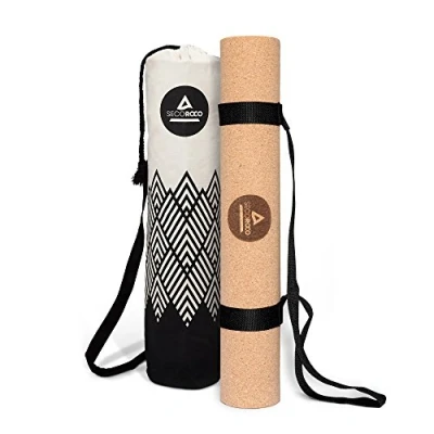 Image of yoga mat made of cork and rubber, 4mm thickness, environmentally friendly non slip materials, included durable bag canvas