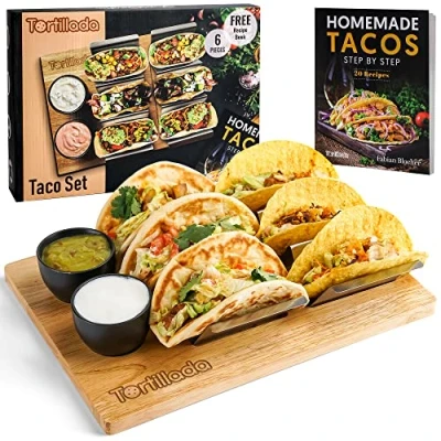 Image of Tortillada Taco Holders Set of 2 / Holder Shell Stainless Steel with Wooden Serving Tray incl. Ceramic Dip Bowls + Recipe Book