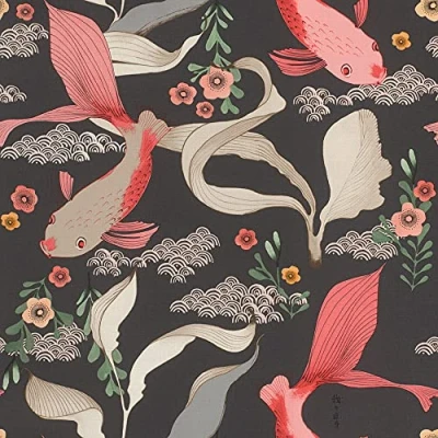 Image of Rasch Wallpaper 539851 Non Woven with Koi Carp in Rose and Plants Green on Black Background Textile Structure from The Amazing Collection 10.05 m x 53 cm (L W)