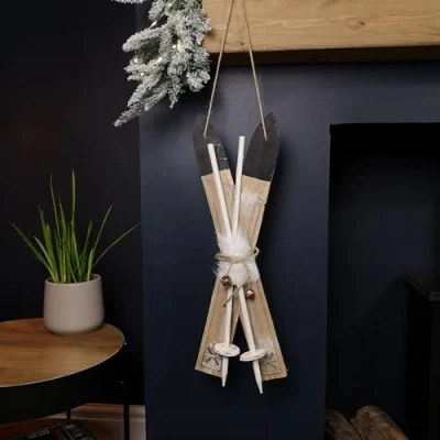 Image of Samuel ALEXANDER 55cm Wooden Skis with Decorative White Fur and Silver Bells Christmas Decoration