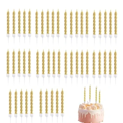 Image of JJiaoLinin Birthday Candles,50 Pieces Spiral Cake Candles in Holders Metallic Cupcake Short Thin for Wedding Party Decorations,Gold