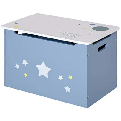 Image of HOMCOM Kids Wooden Toy Box Children Storage Chest Organiser Side Handle Safety Hinge Play Room Furniture Blue