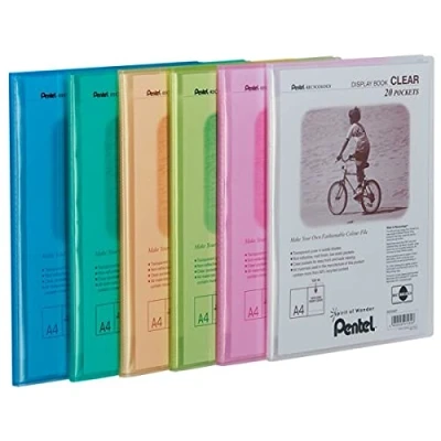 Image of Pentel Recycology A4 Display Book Clear 20 Pocket Assorted Colours [Pack of 5]