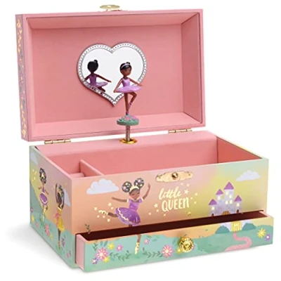 Image of Jewelkeeper Girl&#039;s Musical Jewellery Storage Box with Pull out Drawer and Black Ballerina, Little Queen Design, Somewhere Over the Rainbow Tune