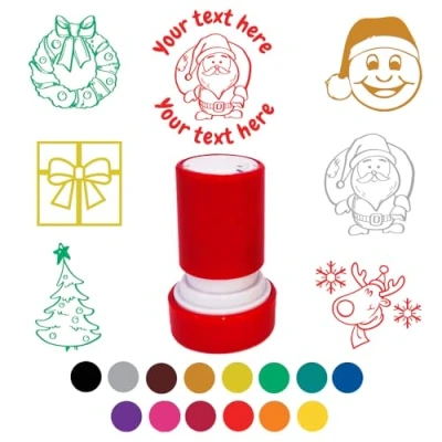 Image of Christmas Festive Fun Personalised Self inking Stamper for Teachers/Crafts/Loyalty Stamps. Reinkable, 22mm. Choice Font, Colour, Image, Text