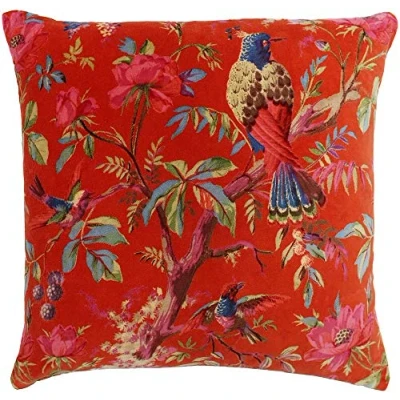 Image of Riva Paoletti Paradise Square Cushion Cover Orange Colourful Bird Print Velvet Fabric Machine Washable 100% Cotton 50 x 50cm (20&quot; 20&quot; inches)