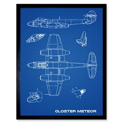 Image of Artery8 Gloster Meteor British Jet Fighter Blueprint Plan Art Print Framed Poster Wall Decor 12x16 inch