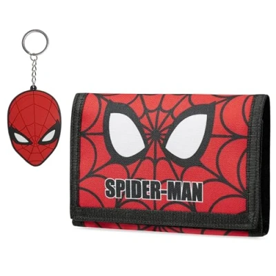 Image of Marvel Boys Wallet and Keyring Gift Set Avengers Trifold with Coin Purse Card Slots Keychain Gifts (Red Spiderman)