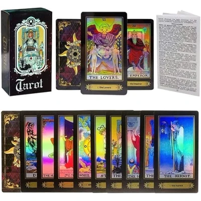 Image of Tarot Cards Deck Set, 78 Classic for Beginners &amp; Expert Readers Surface Laser Card with Guide Book English Instructions