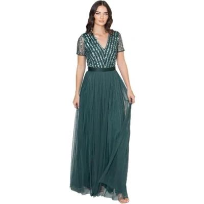 Image of Maya Deluxe Women&#039;s Maxi Dress Ladies Bridesmaid V Neck Ball Gown Short Sleeves Long Elegant Empire Waist Wedding, Emerald Green, 10