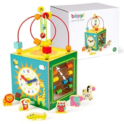 Image of boppi 5 in 1 Large Wooden Activity Cube 2 Way Bead Maze Roller Coaster Sensory Baby Toy with Abacus Clock Animal Shape Sorter and Slider Multifunction Educational Play Box Years Up