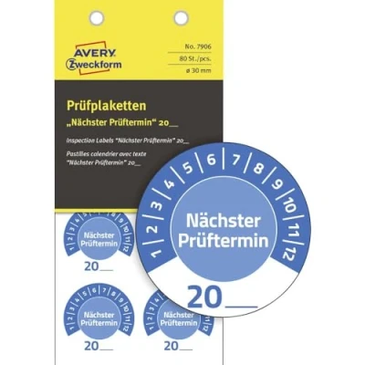 Image of AVERY Zweckform 80 Pieces Test Badges Next Date 20xx (with Year to Enter Yourself, Durable, self Adhesive, Diameter 30 mm, Sticker, Seal Made of Vinyl), 7906 Blue