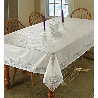 Image of Violet Linen Vinyl Lace Betenburg Design Tablecloth Beige 60&quot; by 104&quot; Oblong/Rectangle