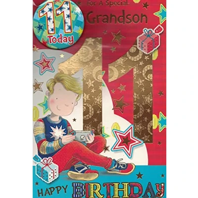 Image of GRANDSON AGE 11 ELEVEN BIRTHDAY CARD WITH BADGE***9 X 6 INCHES**1ST CLASS POST***AE6***