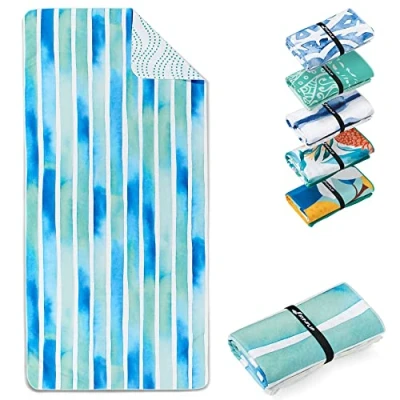 Image of Fit Flip microfibre beach towel large lightweight, compact and super absorbent sand free quick dry towel, 100% recycled travel Aquarell Stripes 160x90cm