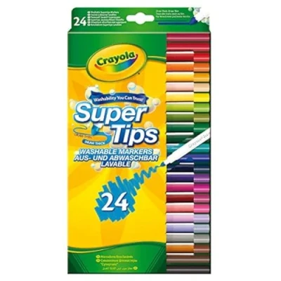 Image of CRAYOLA SuperTips Washable Markers Assorted Colours (Pack of 24) Premium Felt Tip Pens That Can Easily Wash Off Skin &amp; Clothing Ideal for Kids Aged 3+