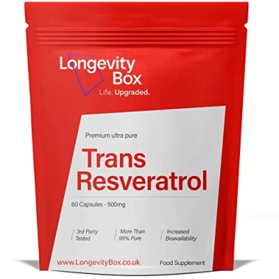 Image of Longevity Box Trans Resveratrol Supplement 60 Capsules, 1000mg per Serving, 99% Pure Resveratrol, 3rd Party Certified, Optimized Antioxidant Supplement, Vegan Friendly &amp; Non GMO