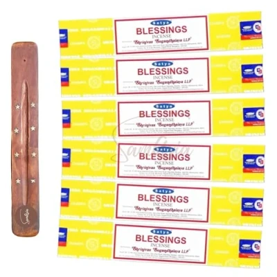 Image of Satya Nag Champa Blessings incense sticks x6 pack with SAMASIA holder Used for Aromatherapy, Spa, Yoga, Weddings, Meditation, Healing, Positivity and Relaxation