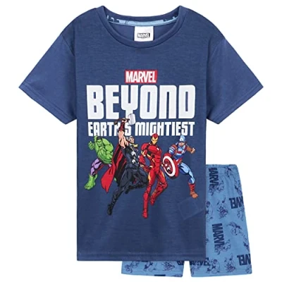 Image of Marvel Boys Short Pyjama Set, Soft Breathable Lounge Wear Gifts (Blue Avengers, 11 12 Years)
