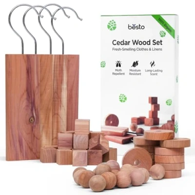 Image of Cedarwood Moth Repellent for Wardrobes, 56 Pcs 100% Natural Cedar Wood Discs, Rings &amp; Balls Storage Box, Drawers, Wardrobe Clothes, Ideal Killer Freshener