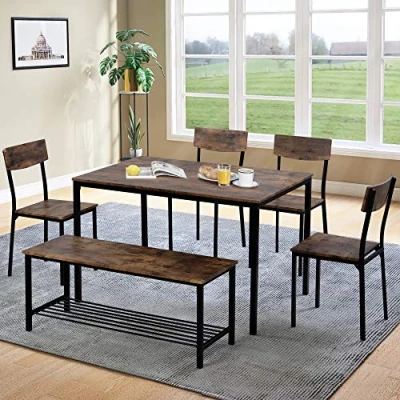 Image of ModernLuxe Dining Table and Chairs Set Kitchen Furniture Solid &amp; Metal Legs (Rustic Brown 4*Rustic Chairs&amp;1*Bench)