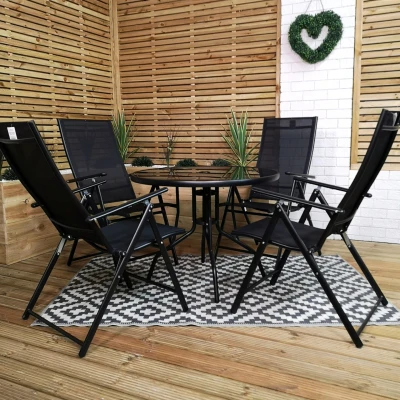 Image of Outdoor 4 Person Round Glass Top Garden Dining Table Chairs Set