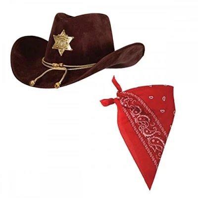 Image of Adult Deluxe Sheriff Hat + Red Bandana : Wild West Cowboy Cowgirl Fancy Dress Accessory Set