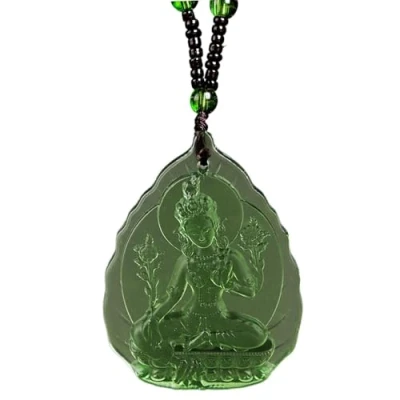 Image of Kinsing Buddha Quan yin Pendant Guan Beaded Chain Necklace Jade Stone Kwan Chinese Feng Shui Amulet for Wealth Safe (Green), Stone, Obsidian