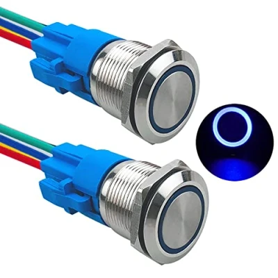 Image of Aiqeer 2 Pcs 19 mm Momentary Push Button Switch, 12V / 24V 5A Car Ignition Starter IP67 Waterproof Stainless Steel with Pre Wired Socket (Blue LED)