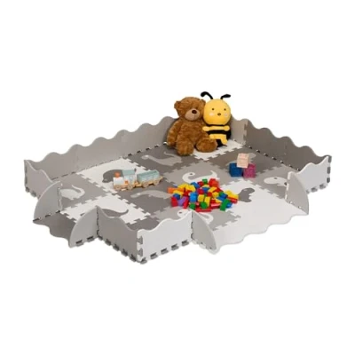 Image of Relaxdays Puzzle Playmat, 4x3 Baby Crawling with Edge, Dinosaurs, Non Toxic Foam Pad, HWD: 1 x 120 149 cm, White/Grey