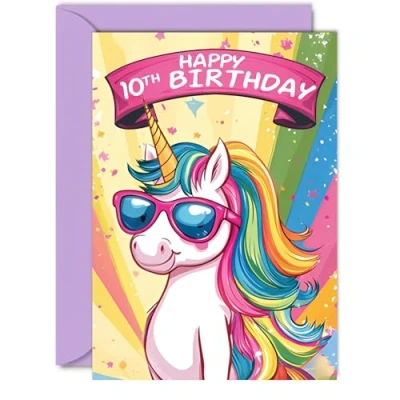 Image of 10th Birthday Card Girls Cool Unicorn Sunglasses for 10 Year Old Girl, Age Cards Tenth Card, A5 Cute Greeting