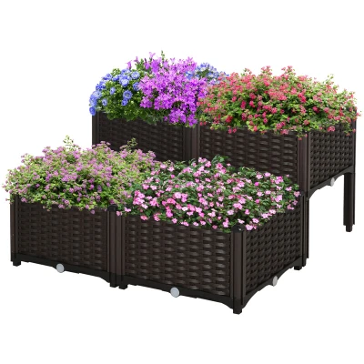 Image of Outsunny Set of 4 26L Garden Raised Bed Elevated Patio Flower Plant Planter Box PP Vegetables Planting Container, Brown