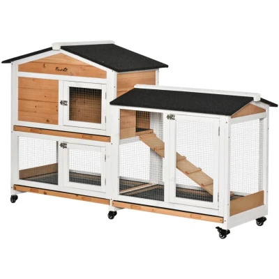 Image of PawHut Rabbit Hutch Outdoor with Run Guinea Pig 2 Tier Bunny Cage w/Wheels No Leak Plastic Tray 157.4 x 53 99.5 cm Yellow
