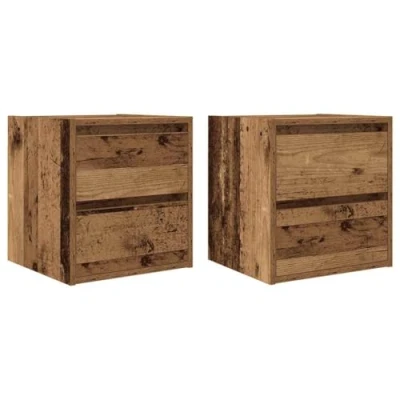 Image of vidaXL wall mounted bedside cabinets nightstands set engineered wood old finish 2 pieces bedroom furniture storage solution decorative floating tables
