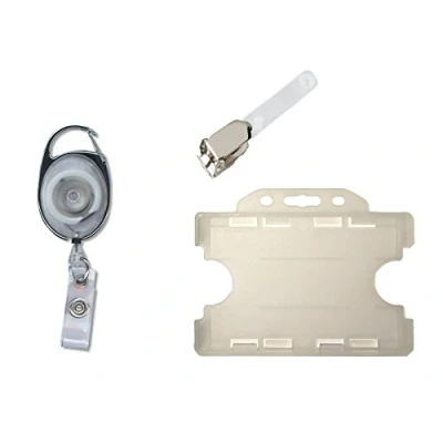 Image of ID Card It Pass Badge Holder Double Sided, Retractable yoyo Reel and Crocodile Strap Lever Clip Clear