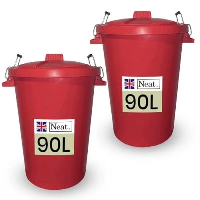 Image of Neat. 90L Bin Coloured Large Plastic Bins, Heavy Duty Kitchen with Metal Handle Dustbin Lid For Easy Refusal, Garden Indoor Outdoor Rubbish Waste or Storage of Animal Feed, Red 2Pack