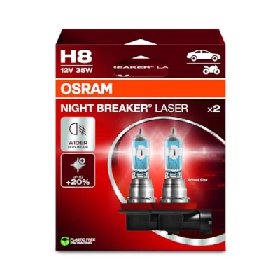Image of OSRAM NIGHT BREAKER LASER H8, +150% more brightness, halogen headlight lamp, 64212NL 2HB, 12V, Hanging folding box (2 lamps)
