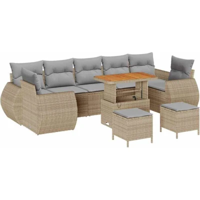 Image of vidaXL 10 Piece Garden Sofa Set with Cushions Beige Poly Rattan Acacia