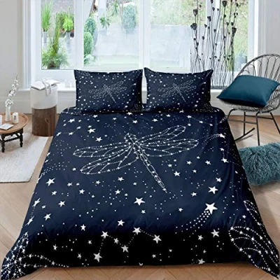 Image of Loussiesd Galaxy Outer Space Duvet Cover 3D Dragonfly Printed Bedding Set Starry Sky Star Night Comforter Constellation Universe Quilt Bedroom Collection 3Pcs Double Size
