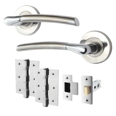 Image of EAI Internal Door Handle Latch Set Duo Finish 1 Pair Satin Nickel and Polished Chrome Lever on Rose Round (64mm), Hinges (76mm)