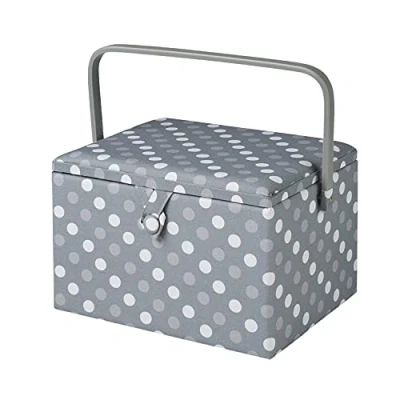 Image of Sewing Online Large Box,Grey Spot Fabric 31 x 23 20cm Storage and Organiser Basket with Compartments for Supplies,Accessories,Thread,Needles,and Scissors GA1129L