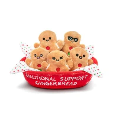 Image of Emotional Support Gingerbread by Relatable, Christmas Stuffed Animals, Great Man Gifts, Funny Gifts or Cute Decor, Includes 5 Plushies with Carrying Basket