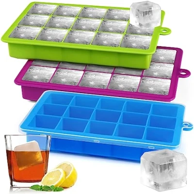 Image of Silicone Ice Cube Trays with Lid,3 Pack Square Moulds Maker Set,Large Molds for Freezer Containers,Prefect Cocktail,Whiskey,Easy Release &amp; BPA Free (Blue/Green/Purple)