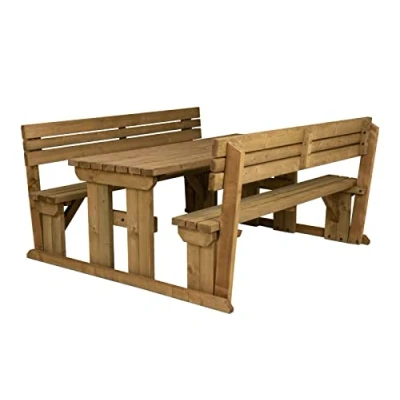 Image of Arbor Garden Solutions Wooden picnic table and benches with backrest, Alders patio furniture set (8ft, Rustic Brown)