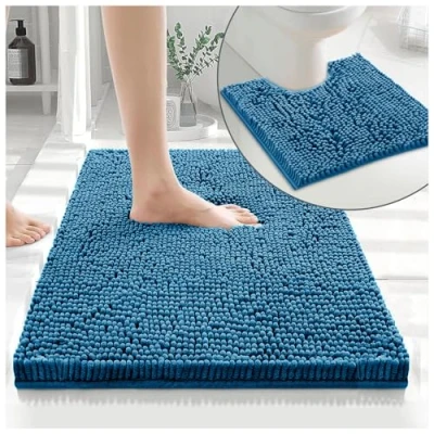 Image of GC GAVENO CAVAILIA 2 Piece Non Slip Rubber Backed Mats Super Absorbent Antibacterial Toilet Carpet Mat Quick Dry Microfiber Chenille Rug Washable Bath Peacock