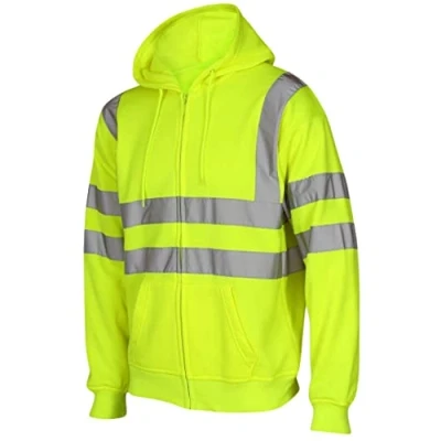 Image of Hi Vis Viz Hooded Sweatshirt High Visibility Reflective Tape Band Work Fleece Safety Sweat Shirts Security Jacket Workwear Hoodie Wear Hoody Jumper Top (Zip Yellow, 4XL)