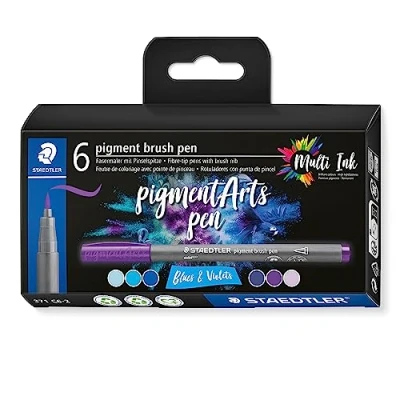 Image of STAEDTLER 371 C6 2 Pigment Arts Brush Pen Assorted Blue &amp; Violets Colours (Pack of 6)