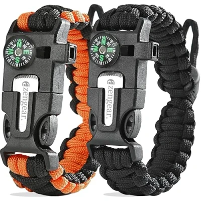 Image of aZengear Paracord Survival Bracelet (2 Pack) Flint Steel Fire Starter, Compass, Whistle,Hiking Accessories, Wild Camping Equipment Kit, Bushcraft, Emergency (Black and Orange)