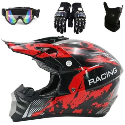 Image of Youth Motocross Helmet Dirt Bike Helmet, DOT Approved, Off Road Helmets with Gloves Goggles Face Shield, for Snowmobile ATV Road(Dark red,L(56 57cm))